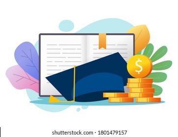 Education money loan credit concept or scholarship graduate cost, college tuition financial fee vector, study or learning knowledge investment cash, academic degree flat cartoon illustration colorful