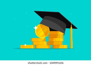 Education and money vector illustration, flat cartoon graduation hat and coins cash, concept of scholarship cost or loan, tuition or study fee, value of student knowledge, learning success