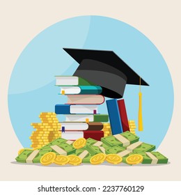 Education and money vector illustration, flat cartoon graduation hat and coins cash, concept of scholarship cost or loan, tuition or study fee, value of student knowledge, learning success