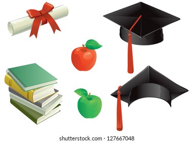 Education. Mortar Boards, books, apple and Diploma.