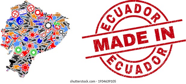Mapa ecuatoriano de mosaico educativo y sello de sellado de sellos de emergencia MADE IN. El mosaico cartográfico ecuatoriano creado con escaramuzas, ruedas, herramientas, componentes, vehículos, huelgas eléctricas, detalles.