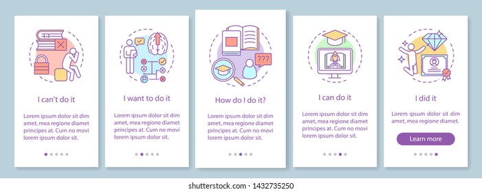 Education motivation onboarding mobile app page screen vector template. Way to success. Careerist, yuppie, workaholic. Website steps with linear illustrations. UX, UI, GUI smartphone interface concept