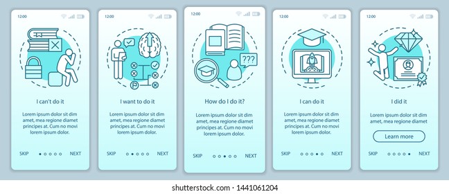 Education motivation onboarding mobile app page screen with linear concepts. Way to success. Careerist, yuppie, workaholic. Steps graphic instructions. UX, UI, GUI vector template with illustrations