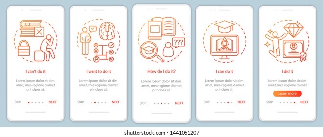 Education motivation onboarding mobile app page screen with linear concepts. Way to success. Careerist, yuppie, workaholic. Steps graphic instructions. UX, UI, GUI vector template with illustrations