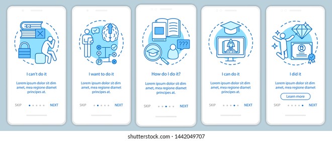 Education motivation onboarding mobile app page screen with linear concepts. Way to success. Careerist, yuppie, workaholic. Steps graphic instructions. UX, UI, GUI vector template with illustrations