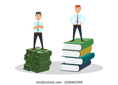 Education is much important than money. Eps Vector illustrationof successful people standing on pile of books and on heap of money bills. Information, study vs money  concept