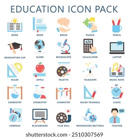 Education multi color icons set contain book, globe, calculator, pen, ruler, laptop and more. use for modern concept, web and app development. Vector EPS 10