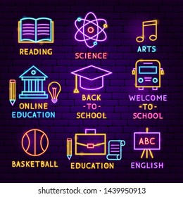 Education Neon Label Set. Vector Illustration of School Promotion.
