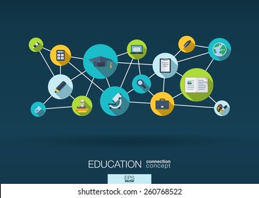 Education network. Growth abstract background with lines, circles and integrate flat icons. Connected symbols for elearning, knowledge, learn and global concepts. Vector interactive illustration