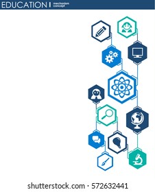 Education network. Hexagon abstract background with lines, polygons, and integrate flat icons. Connected symbols for elearning, knowledge, learn and global concepts. Vector interactive illustration