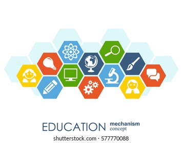 Education network. Hexagon abstract background with lines, polygons, and integrate flat icons. Connected symbols for elearning, knowledge, learn and global concepts. Vector interactive illustration