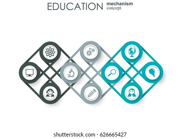 Education network. Hexagon abstract background with lines, polygons, and integrate flat icons. Connected symbols for elearning, knowledge, learn and global concepts. Vector interactive illustration