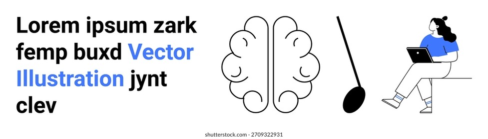 Education, neuroscience, brain activity, technology, cognitive science, digital learning. Visual of a brain diagram, connected neuron path and a seated person with a laptop. Education