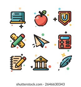 Educação nove ícones coloridos de backtoschool adequados para materiais educacionais, folhetos, cartazes, sites e apresentações. Melhore o aprendizado visual!