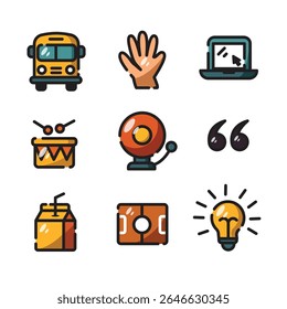 Educação nove ícones coloridos de backtoschool adequados para materiais educacionais, folhetos, cartazes, sites e apresentações. Melhore o aprendizado visual!