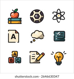 Educação nove ícones coloridos de backtoschool adequados para materiais educacionais, folhetos, cartazes, sites e apresentações. Melhore o aprendizado visual!