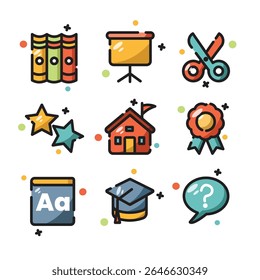 Educação nove ícones coloridos de backtoschool adequados para materiais educacionais, folhetos, cartazes, sites e apresentações. Melhore o aprendizado visual!