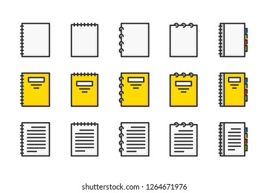 Education notebook color line icons. Notebook vector linear colorful icon set. Isolated icon collection on white background.