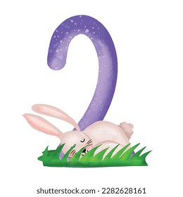 Education number. Watercolor numberic with adorable rabbit