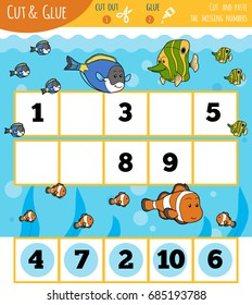 Education numbers game for children, Fish and Sea. Cut out the numbers and glue them in order.