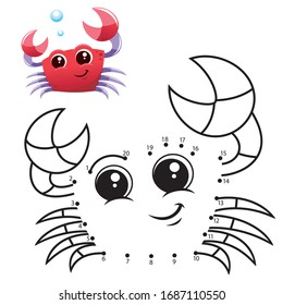 Education Numbers game. Dot to dot game. Crab cartoon