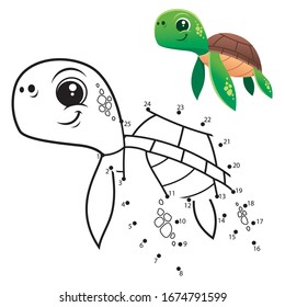 Education Numbers game. Dot to dot game. Turtle cartoon