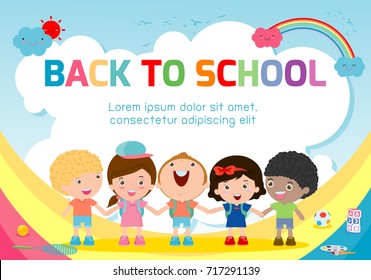 education object on back to school background, back to school, Kids jumping, education concept, Template for advertising brochure, your text ,Vector Illustration