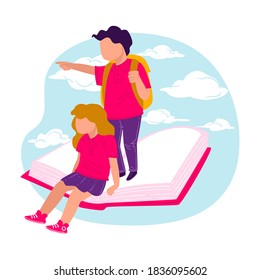 Education and obtaining knowledge from books, studying and developing skills. Boy and girl standing on book pointing in front, opportunities and possibilities for children. Vector in flat style