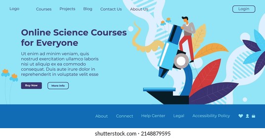Education and obtaining of knowledge in web, online learning courses and classes for students. Studying chemistry and biology, leading experiments. Website landing page template, vector in flat style
