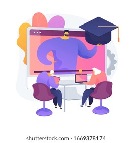 Education for older people. Senior couple of people watching online courses on laptop, getting academic degree. Webinar, internet seminar. Vector isolated concept metaphor illustration