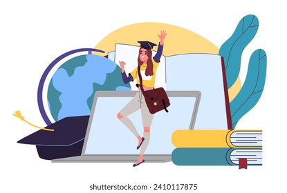 Education on online courses concept. Woman in graduation cap. Training and learning on internet. Young girl with webinar and distant lectures, stack of books. Cartoon flat vector illustration