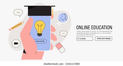 Education On Website Or Mobile Application With Online Training. Concept For Web, Graphic Design, Landing Page Template. Hand Hold Smartphone With Subscription To New Course, Class Or Lesson.
