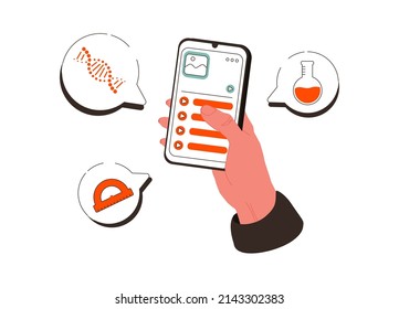 Educación en sitio web o aplicación móvil con formación en línea. Concepto de web, diseño gráfico, plantilla de página de inicio. Mantén tu smartphone con suscripción a un nuevo curso, clase o lección.