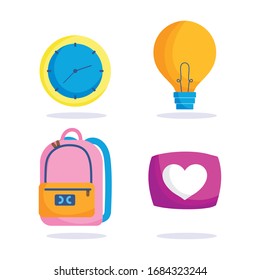 educación en línea, iconos de amor de la bombilla de la mochila de la mochila, ilustración vectorial de la pandemia del coronavirus