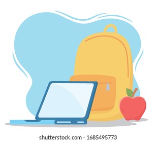 education online, backpack laptop and apple accessories vector illustration