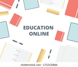 Education online banner concept. Vector top view of workplace background with tablet, ruler, notebook, pen. Vector banner with copy space. Vector illustration.