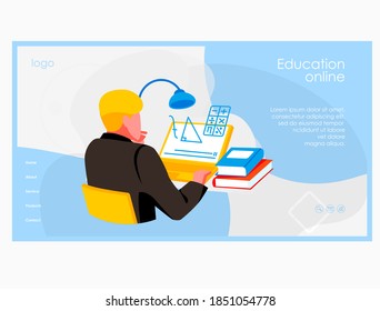 Education online banner template. Student sitting in front of computer screen studying online. E-learning, educational web seminar, internet class. Online education concept flat vector illustration