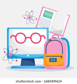 Online-Bildung, Buchcomputer mit Brille und Rucksack, Illustration zur Vektorillustration einer Koronavirus-Pandemie
