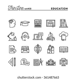 Education, online books, distance learning, webinar and more, thin line icons set, vector illustration