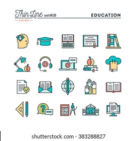 Education, online books, distance learning, webinar and more, thin line color icons set, vector illustration