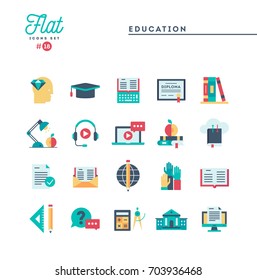 Education, online books, distance learning, webinar and more, flat icons set, vector illustration