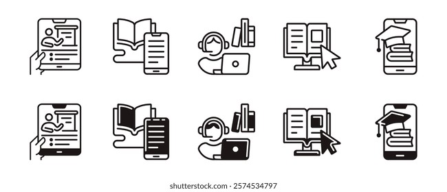 education online classroom learning icon line set study book media video presentation seminar course sign vector outline illustration for web and app