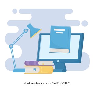 education online computer books and ebook learn lamp vector illustration