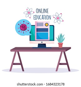 education online, computer certificate in desk, coronavirus pandemic vector illustration
