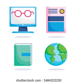 education online, computer certificate world book icons, coronavirus pandemic vector illustration