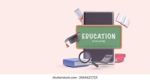 Education online concept banner in 3d realistic style with book, phone, blackboard, calculator, graduate hat. Vector illustration