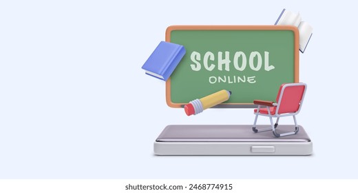 Education online concept banner in 3d realistic style with book, phone, chair, pencil, blackboard. Vector illustration