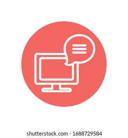 concepto educativo en línea, computadora con icono de burbuja de voz sobre fondo blanco, estilo de bloque de línea, ilustración vectorial