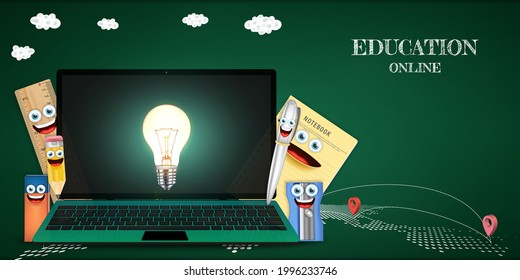 Education online concept. Digital Classroom Online Education internet and blank space on laptop, notebook website background. social distance concept. decor by book pencil eraser pen and ruler.