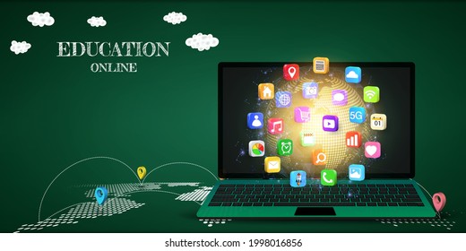 Education online concept. Digital Classroom Online Education internet and blank space on laptop, notebook website background. social distance concept. decor by global application. vector illustration